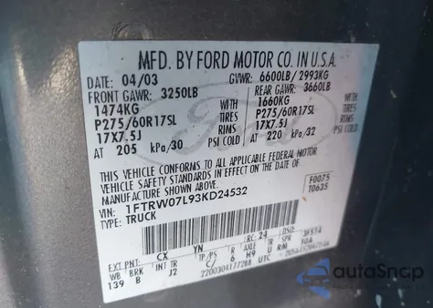 2003 Ford F-150 Lariat/Xlt from USA, damaged, VIN 1FTRW07L93KD24532